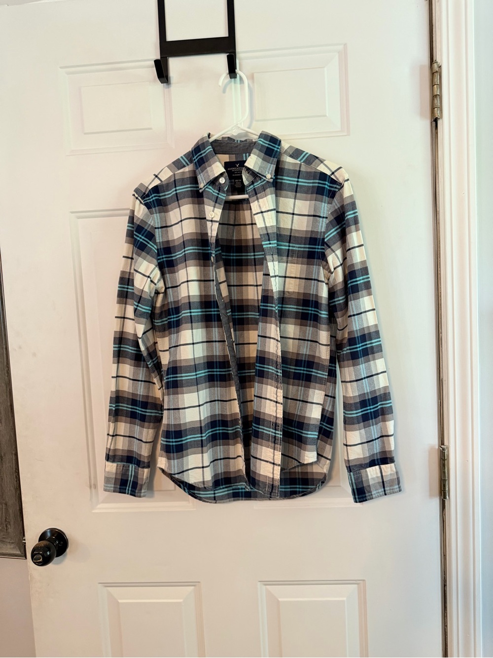 American Eagle Outfitters Men’s Navy, Teal & White Plaid Button-Down Shirt
